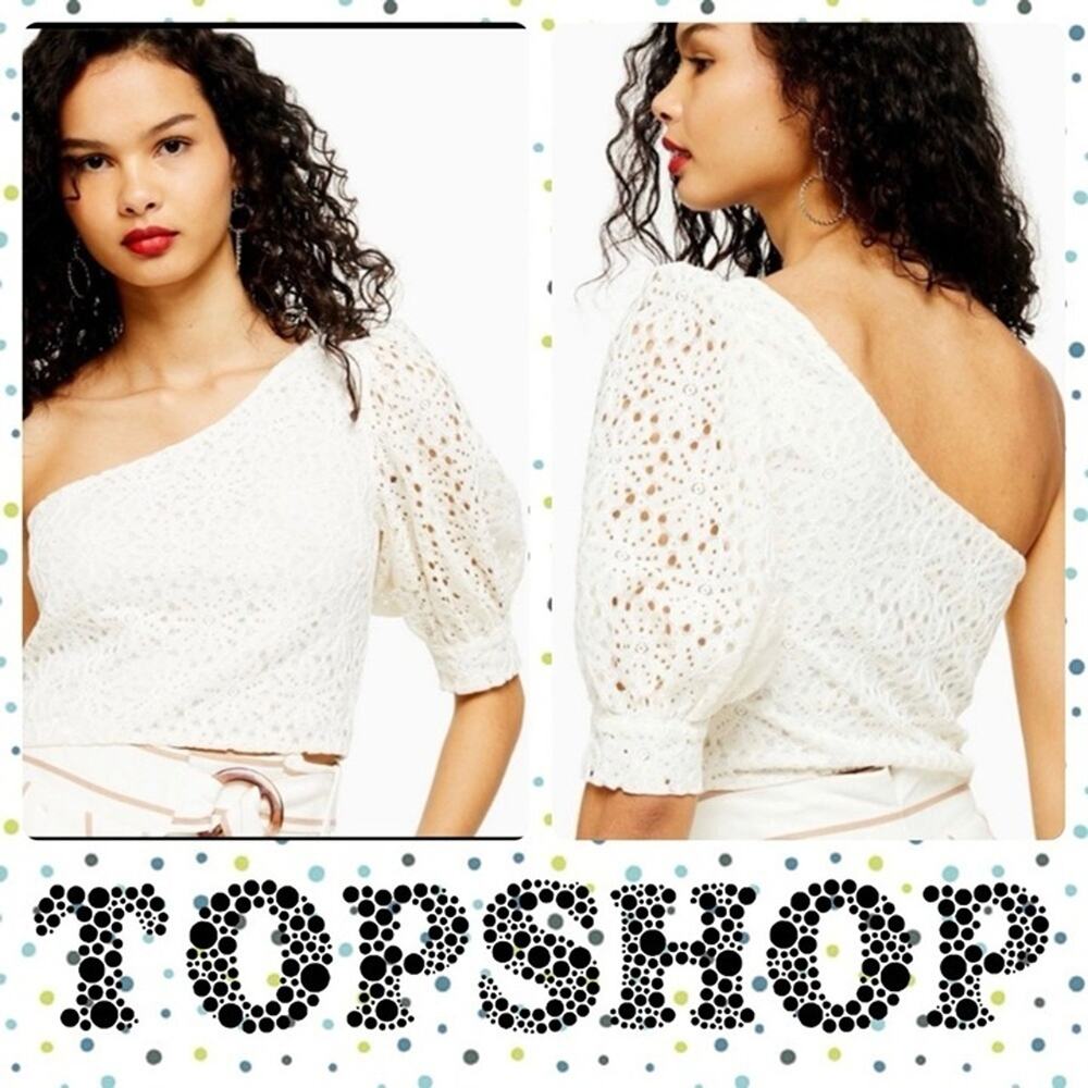 Topshop Cream Lace One Shoulder Puff Sleeve Crop Top US 6 UK 10 Floral Crochet - Picture 2 of 8